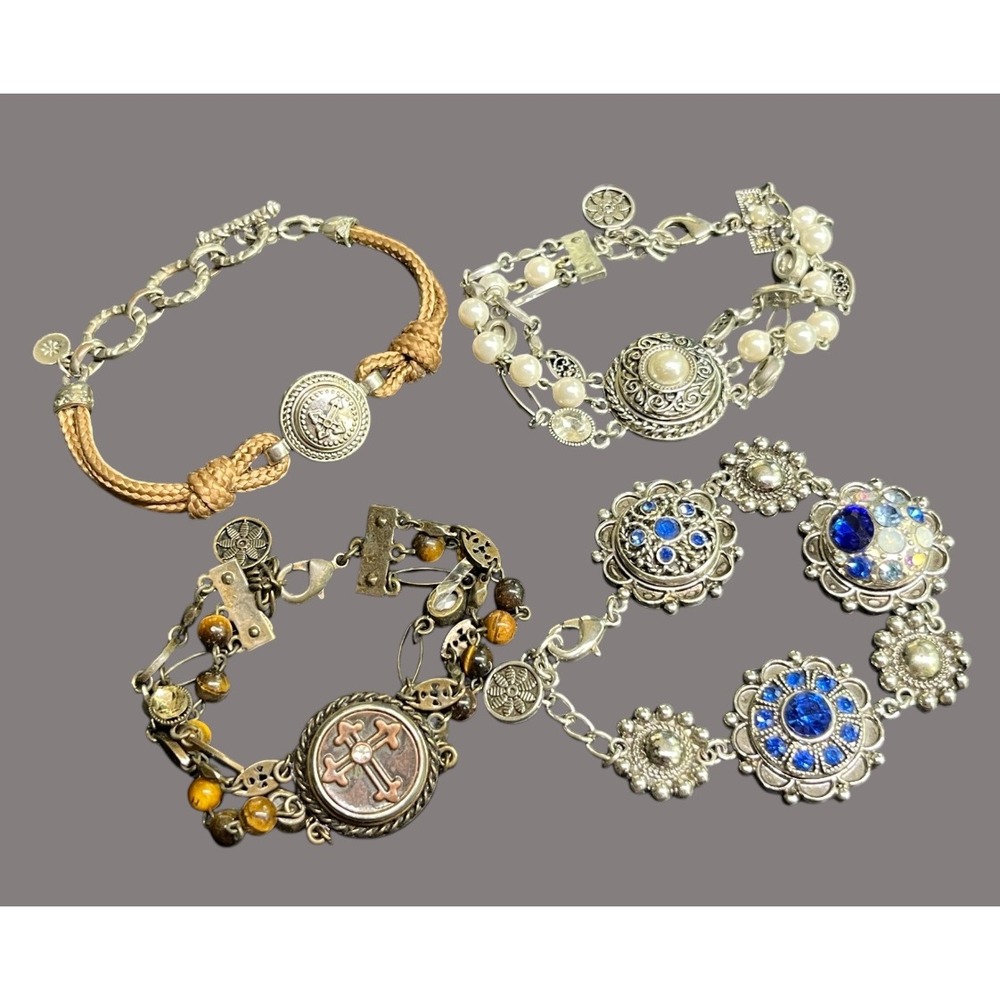 LOT OF 4, Ginger Snaps Bracelets SNAP CHARMS Silver Bronze Blue Brown Pearls